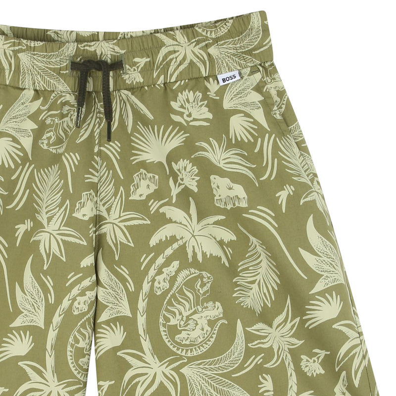 Dark Green Palms Print Shorts