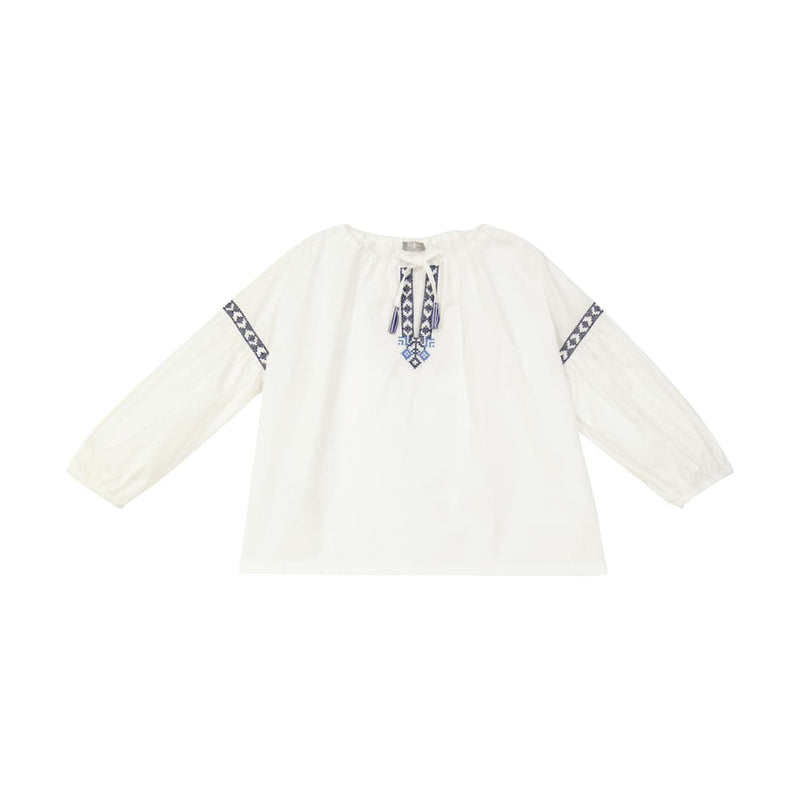 White Long Sleeve Shirt with Blue Embroidery